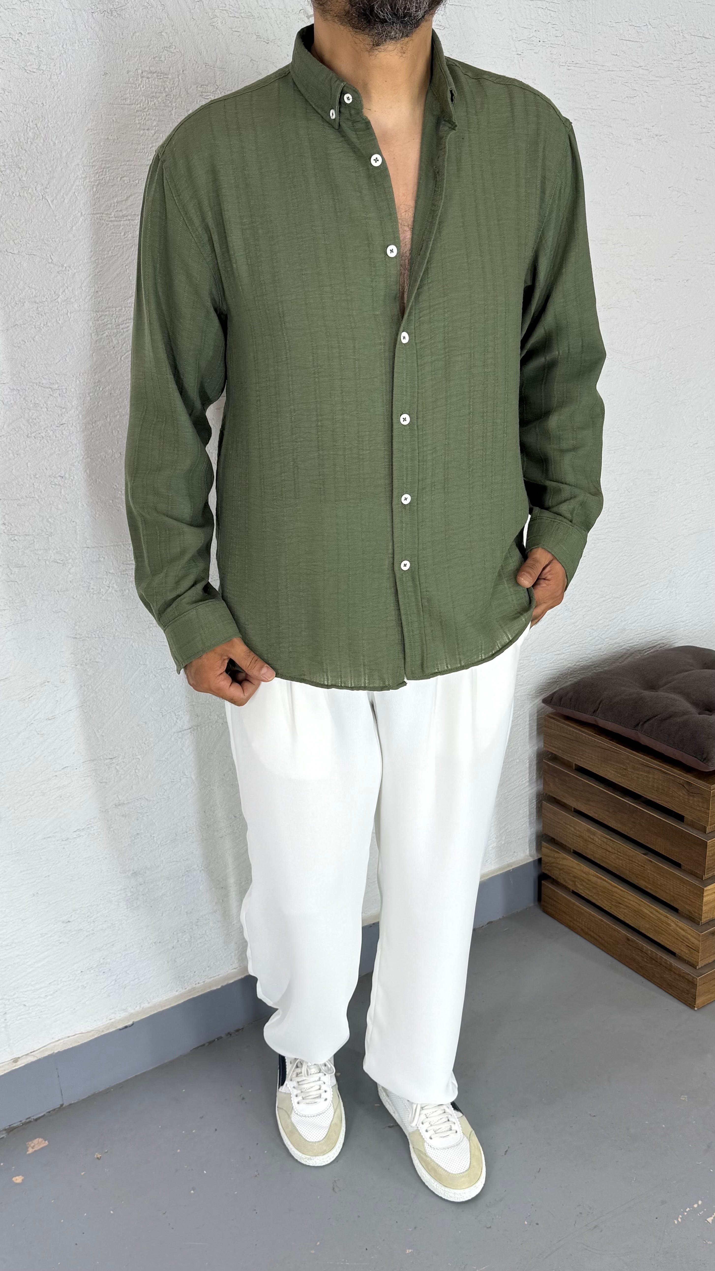 Oversize Kendinden Çizgi Desen Gömlek