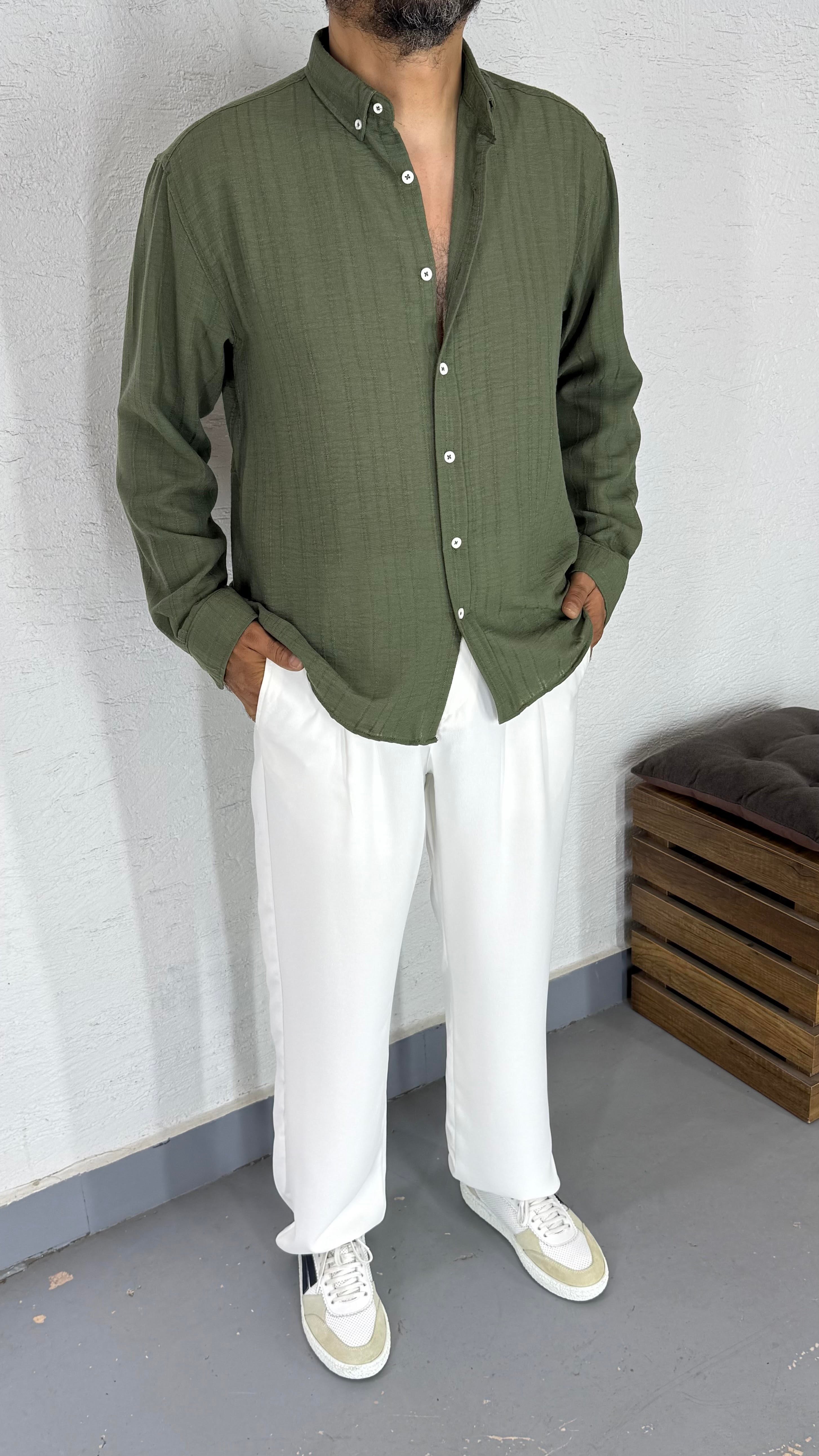 Oversize Kendinden Çizgi Desen Gömlek