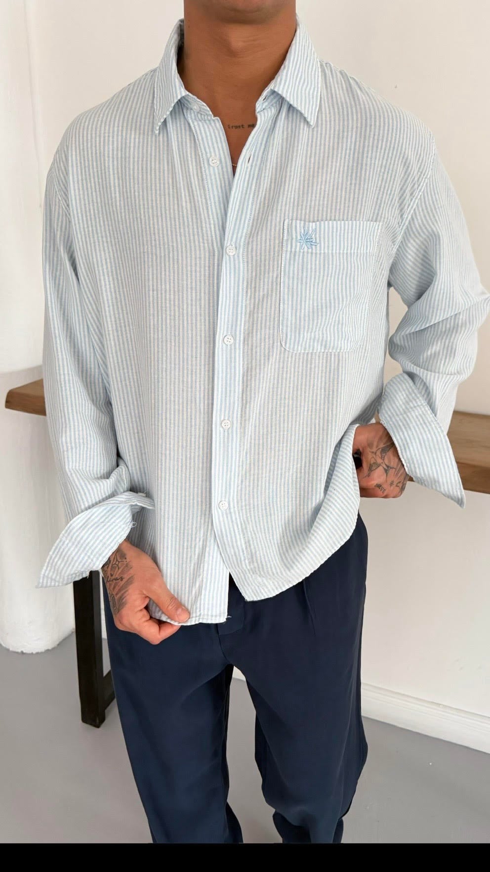Oversize Pamuk Keten Nakış Detay Gömlek