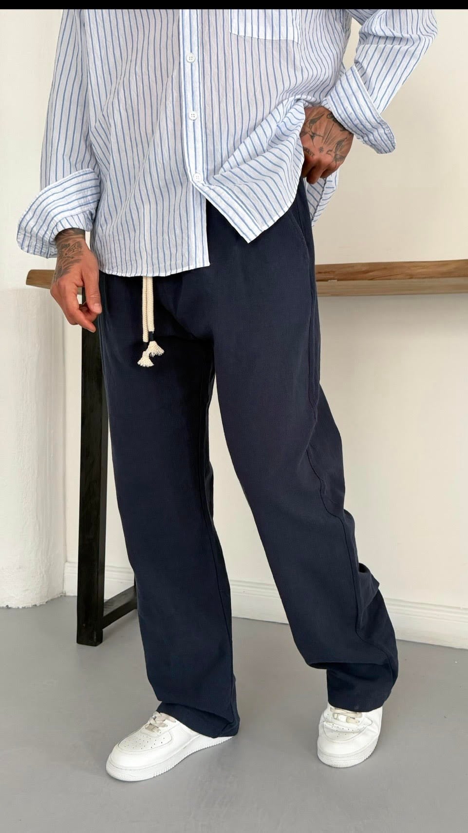 Pamuk Keten Beli Lastikli Baggy Pantolon