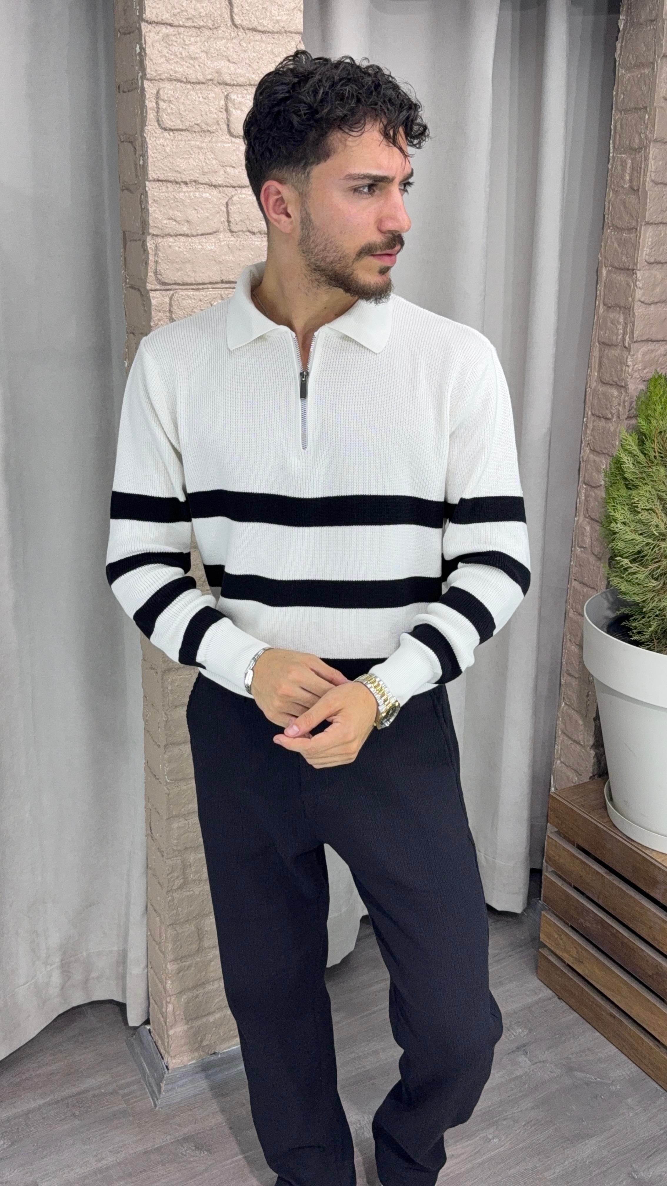 Yarım Fermuarlı Çizgili Triko