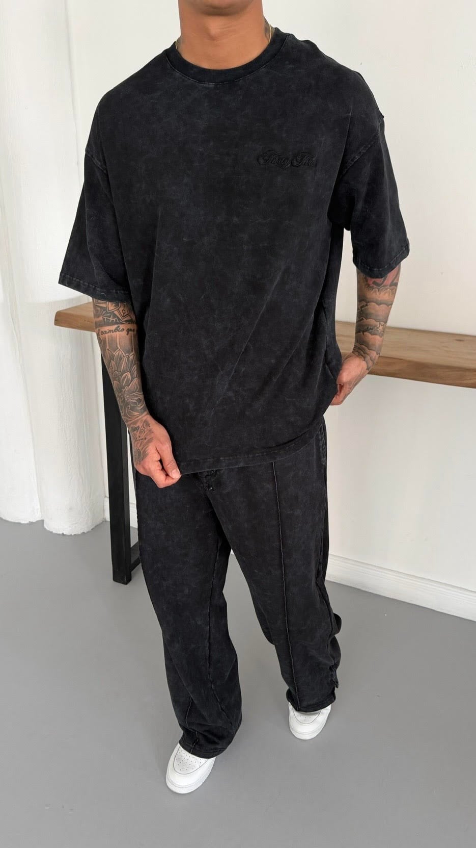 Yıkamalı Oversize 33 TShirt ve Fermuarlı Paça Baggy Eşofman