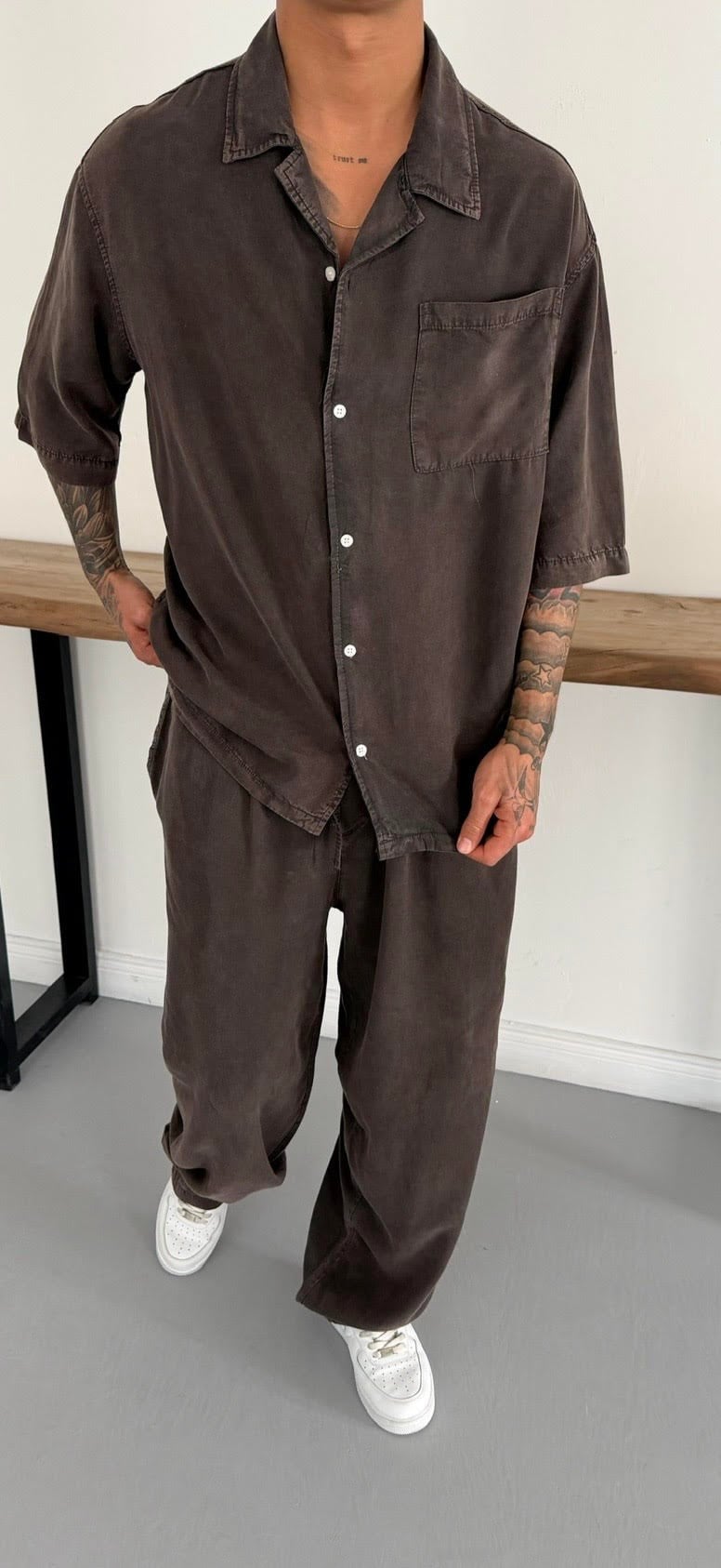 Yıkamalı Oversize Kahve Takım
