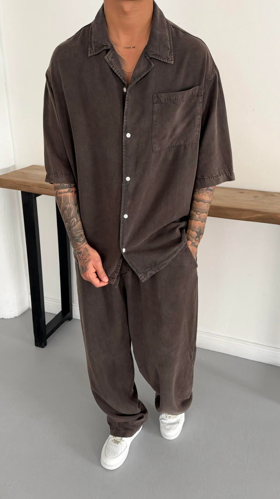 Yıkamalı Oversize Kahve Takım
