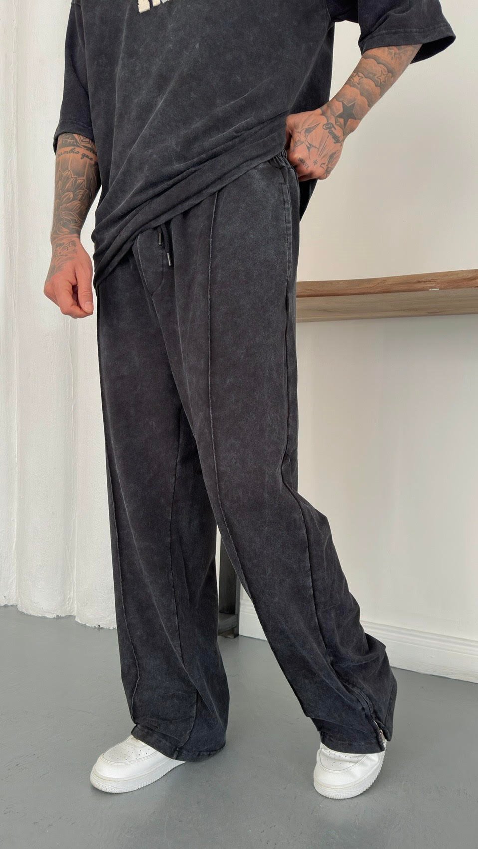 Yıkamalı Paça Fermuarlı Baggy Eşofman