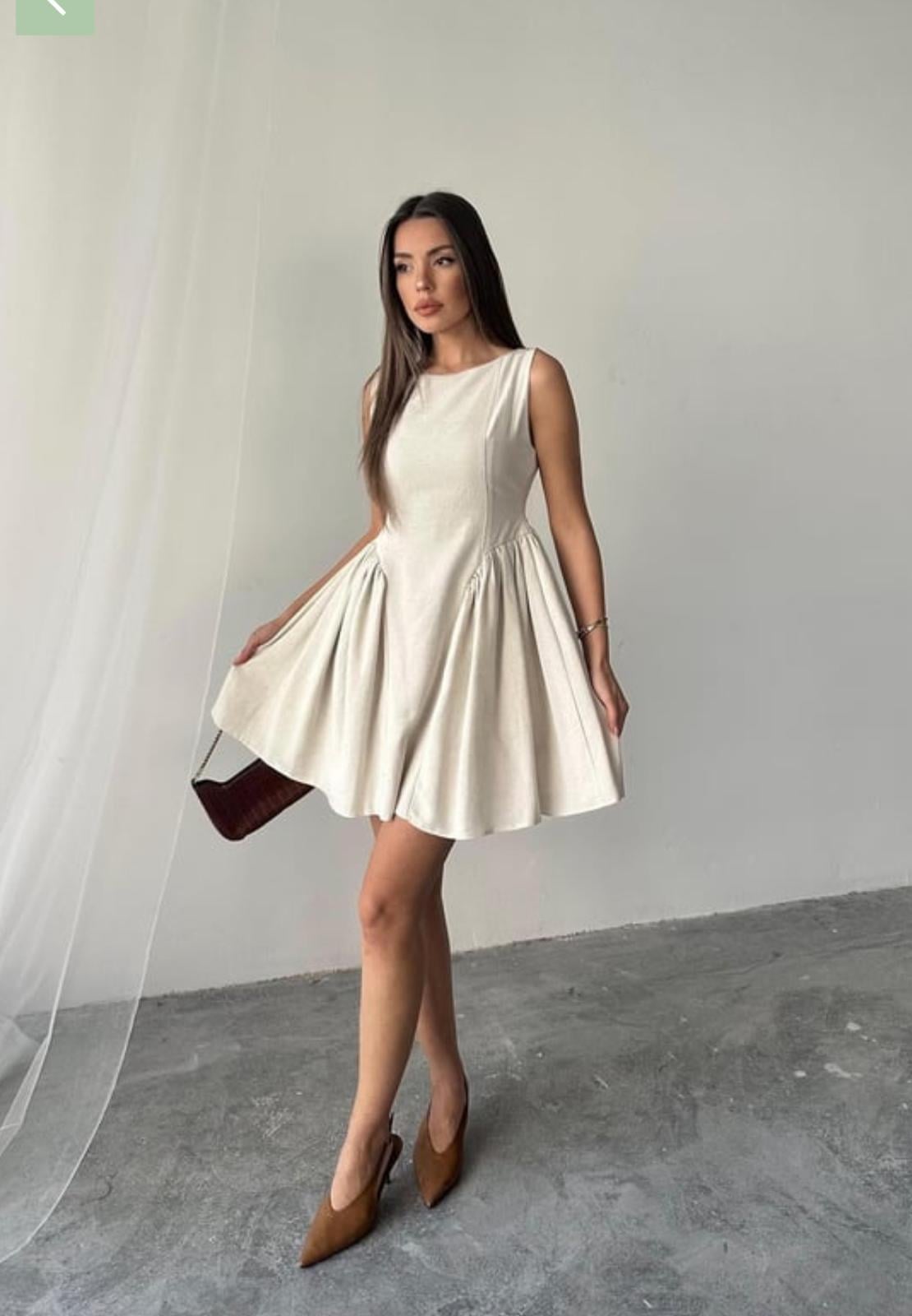 Bej Mini Boy Büzgülü Keten Elbise