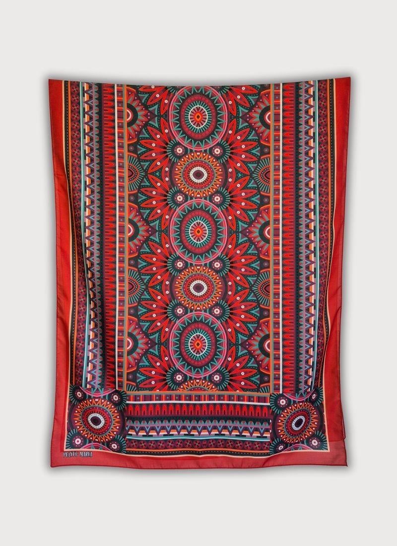 AFRİKA MANDALA DESENLİ KIRMIZI PAMUK ŞAL