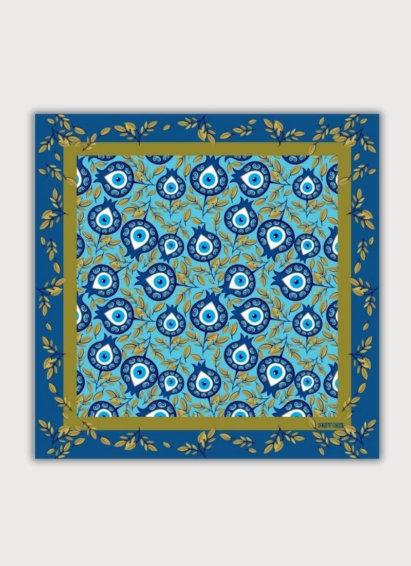 BEREKET KOLEKSİYONU NAR VE NAZAR BONCUĞU DESENLİ BOYUN BANDANA HARDAL FULAR