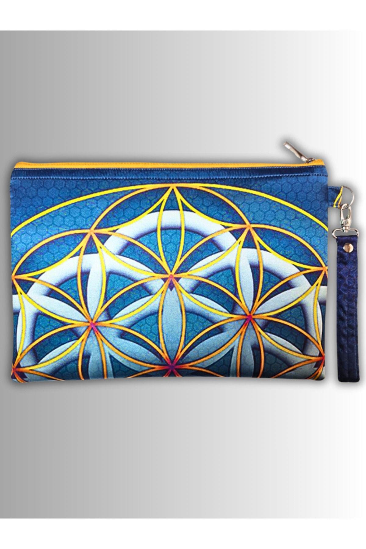 KADIN MAVİ CLUTCH ÇANTA YAŞAM ÇİÇEĞİ SEMBOL DESENLİ
