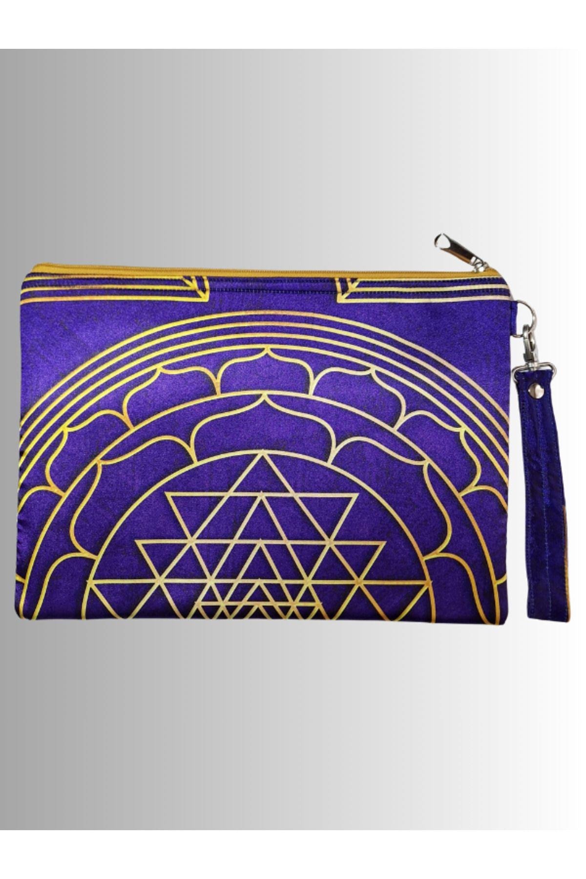 KADIN MOR CLUTCH ÇANTA PORTFÖY YANTRA SEMBOL DESENLİ