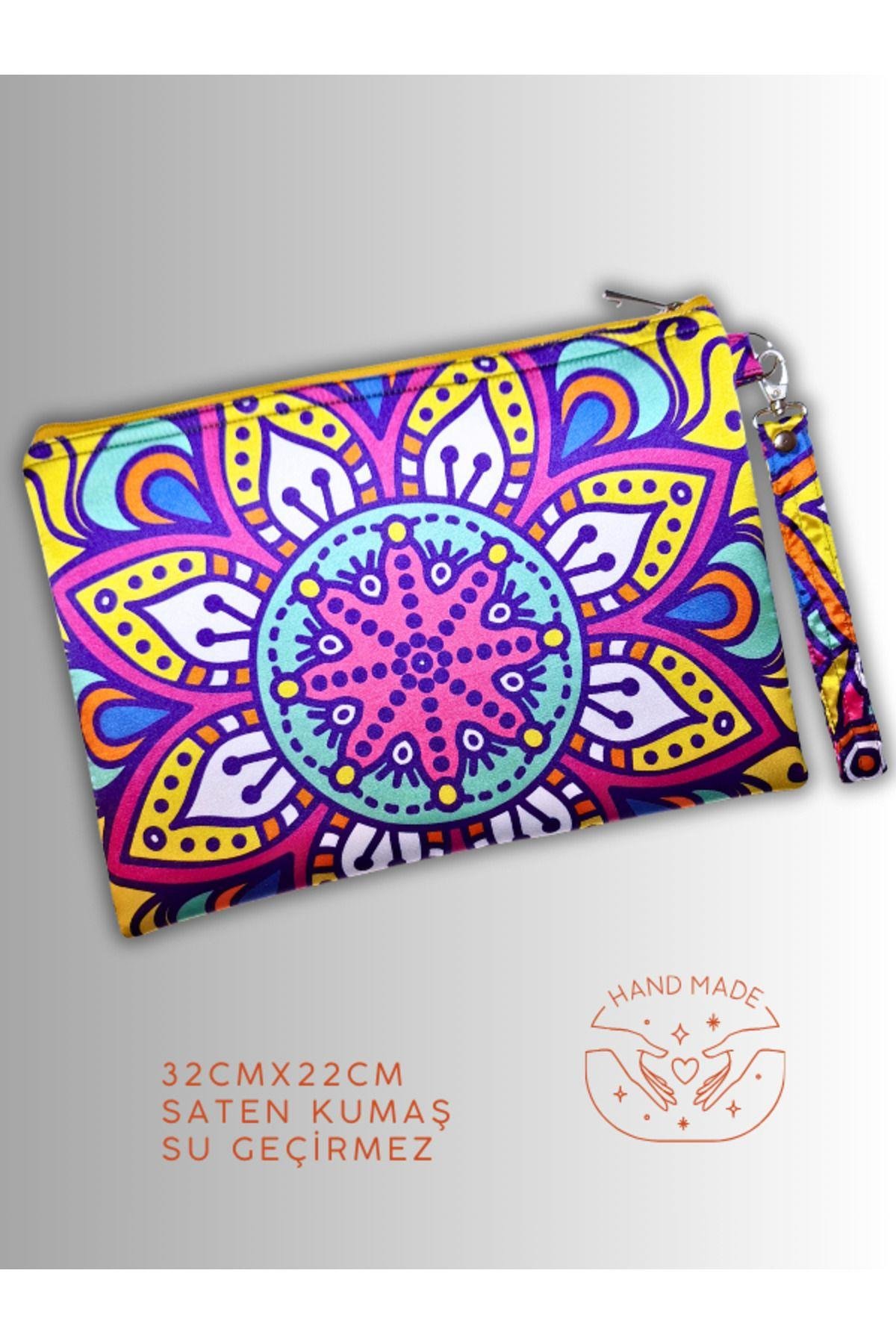 KADIN RENKLİ CLUTCH ÇANTA PORTFÖY ÇİÇEK MANDALA DESENLİ