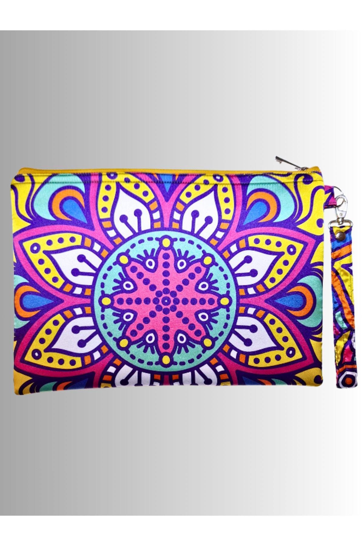 KADIN RENKLİ CLUTCH ÇANTA PORTFÖY ÇİÇEK MANDALA DESENLİ
