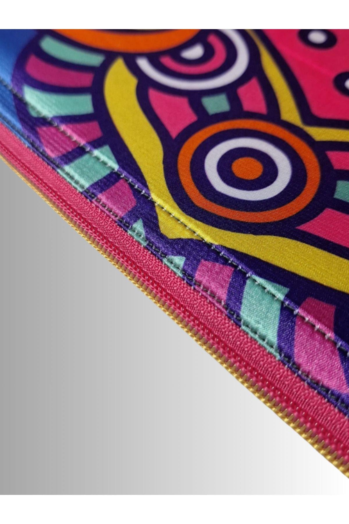 KADIN RENKLİ CLUTCH ÇANTA PORTFÖY ÇİÇEK MANDALA DESENLİ