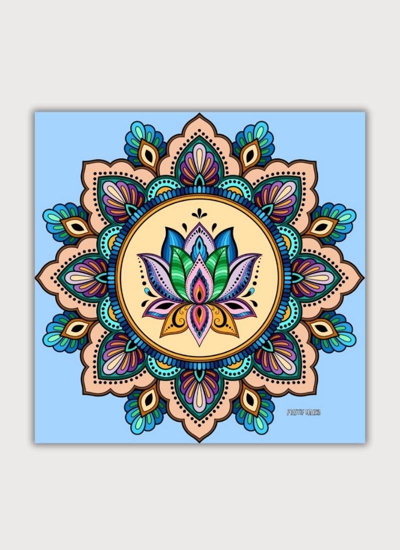 LOTUS MANDALA DESENLİ SATEN MAVİ FULAR