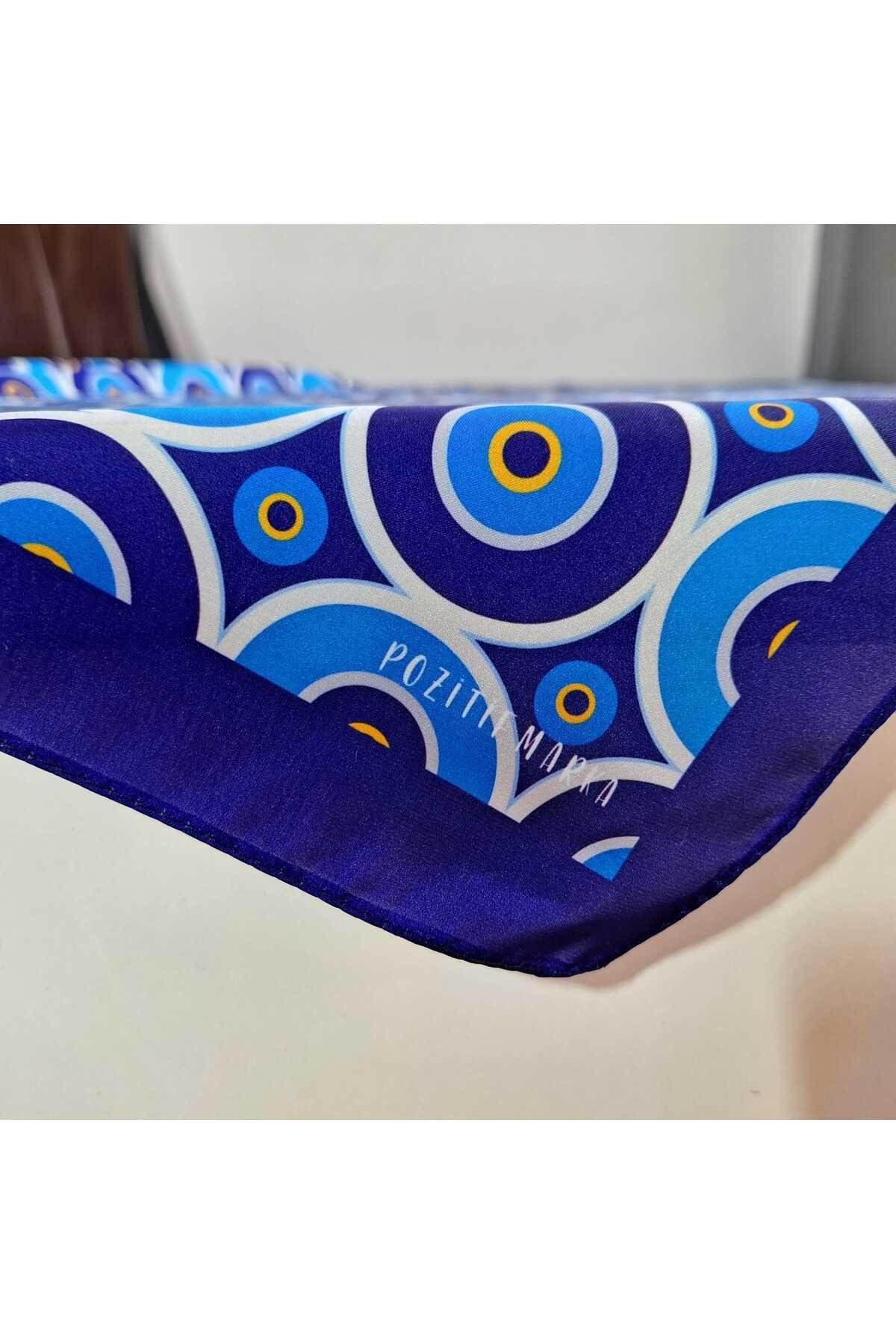 Mavi Fular Bandana Hediyelik Yuvarlak Nazar Boncuğu Desenli