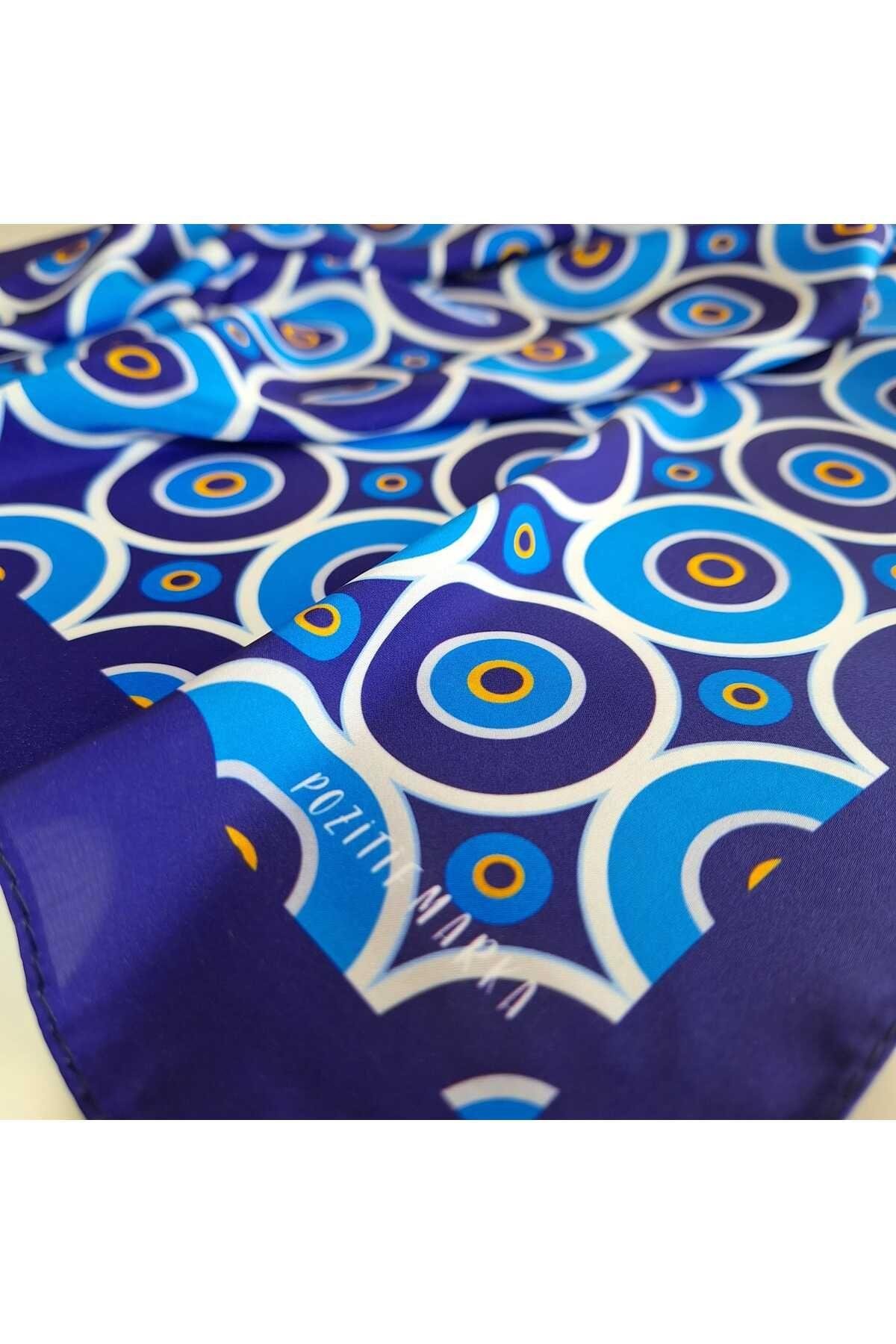 Mavi Fular Bandana Hediyelik Yuvarlak Nazar Boncuğu Desenli