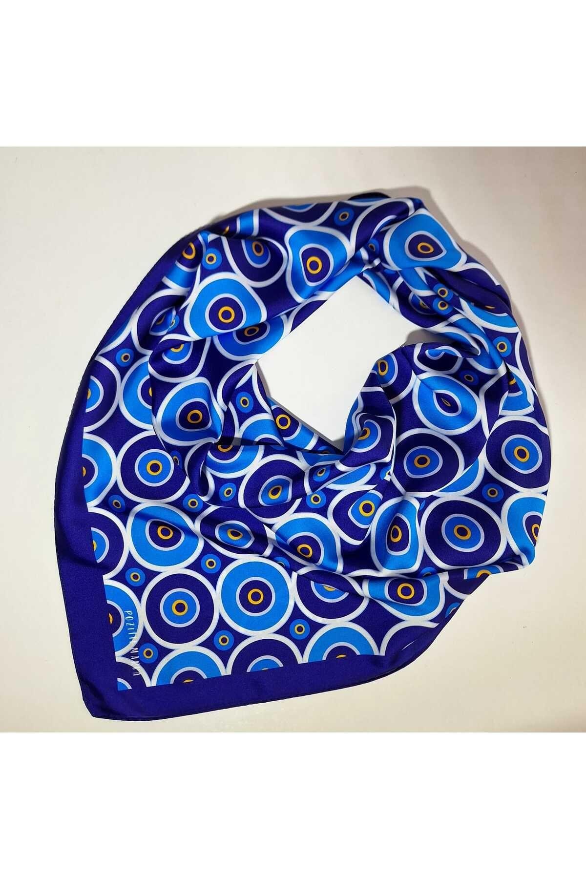 Mavi Fular Bandana Hediyelik Yuvarlak Nazar Boncuğu Desenli