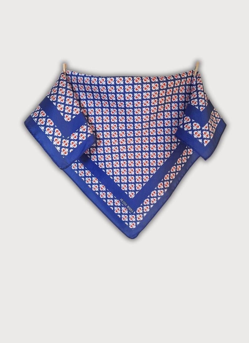 Mavi Fular Bandana  İpeksi Twill Saten Çintemani Desenli