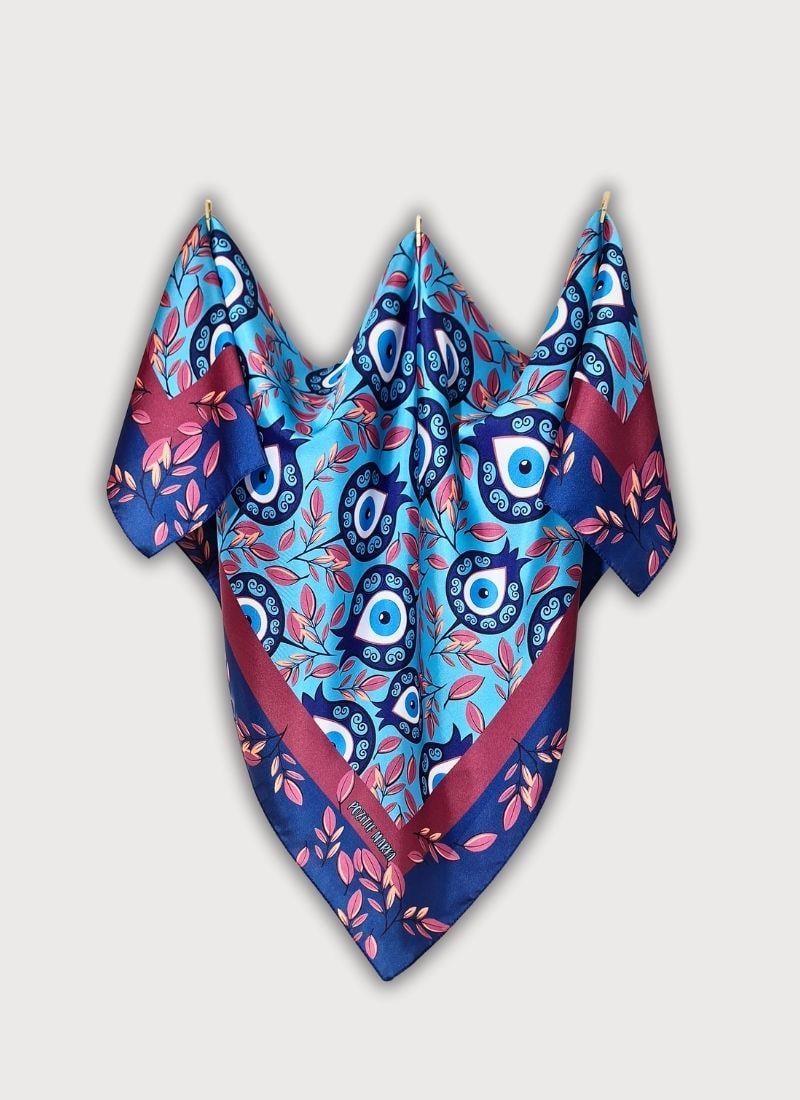 Nar ve Nazar Boncuğu Desenli Twill Saten Eşarp