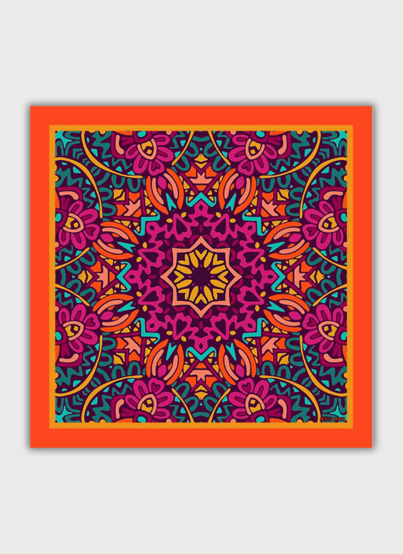 Turuncu Eşarp İpeksi Twill Saten Kumaş Mandala Desenli