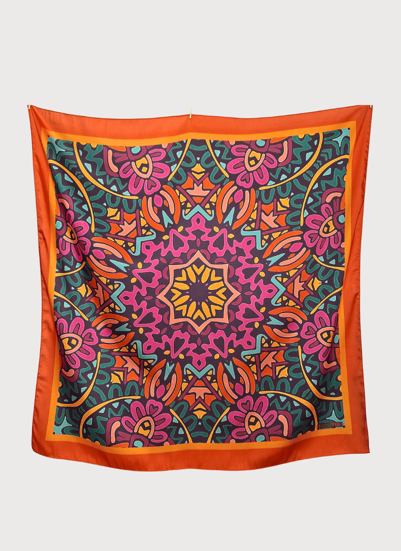 Turuncu Eşarp İpeksi Twill Saten Kumaş Mandala Desenli