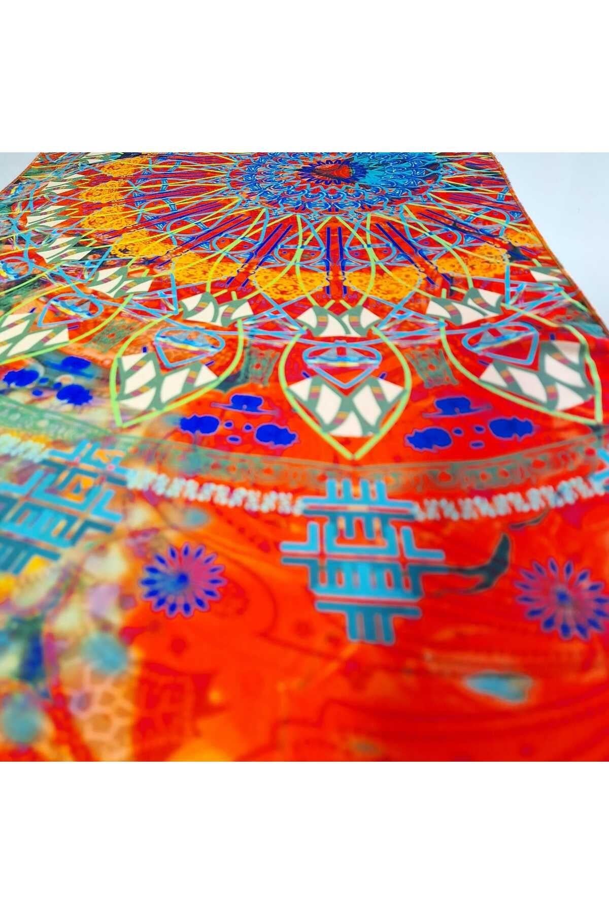 Turuncu Fular Mandala Desenli