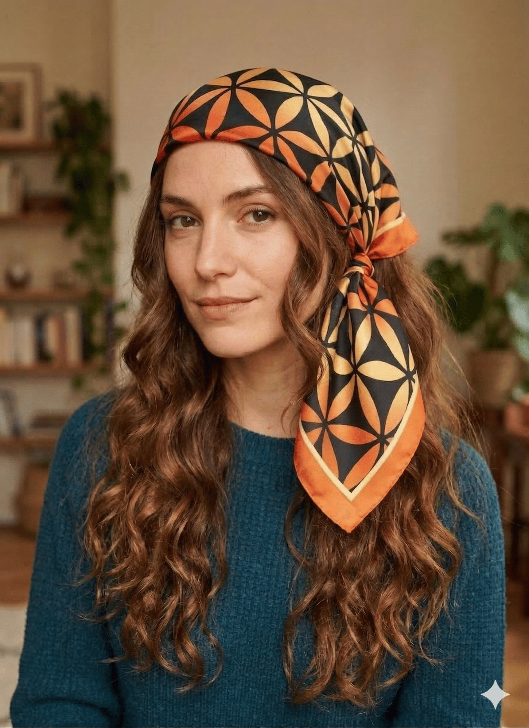 TURUNCU YAŞAM ÇİÇEĞİ DESENLİ TWİLL SATEN EŞARP