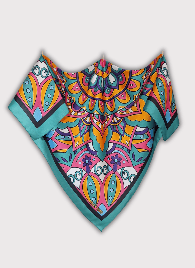 Yeşil Eşarp Ipeksi Twill Saten Kumaş Mandala Desenli