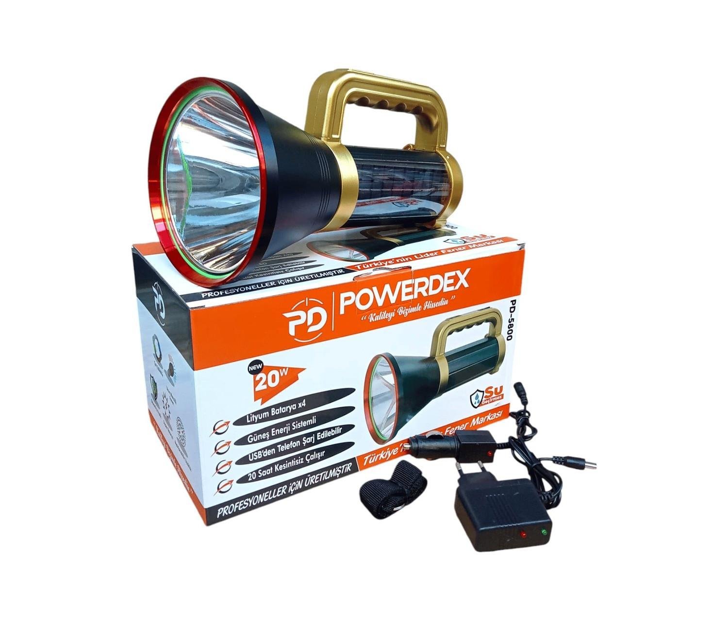 Powerdex PD-5800 20W Şarjlı ve Güneş Enerjili El Feneri