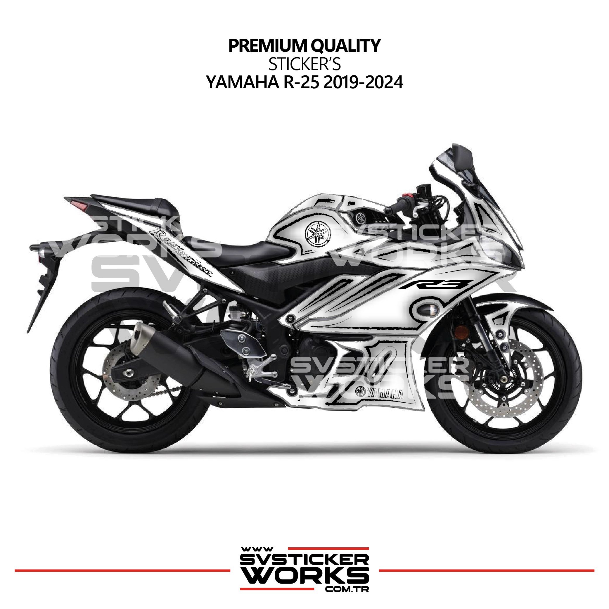 SVSTICKERWORKSYamaha YZF R25 R3 Kaplama Sticker Seti 2019-2024 Cell Shaded Kırmızı BeyazR25 2019-2024