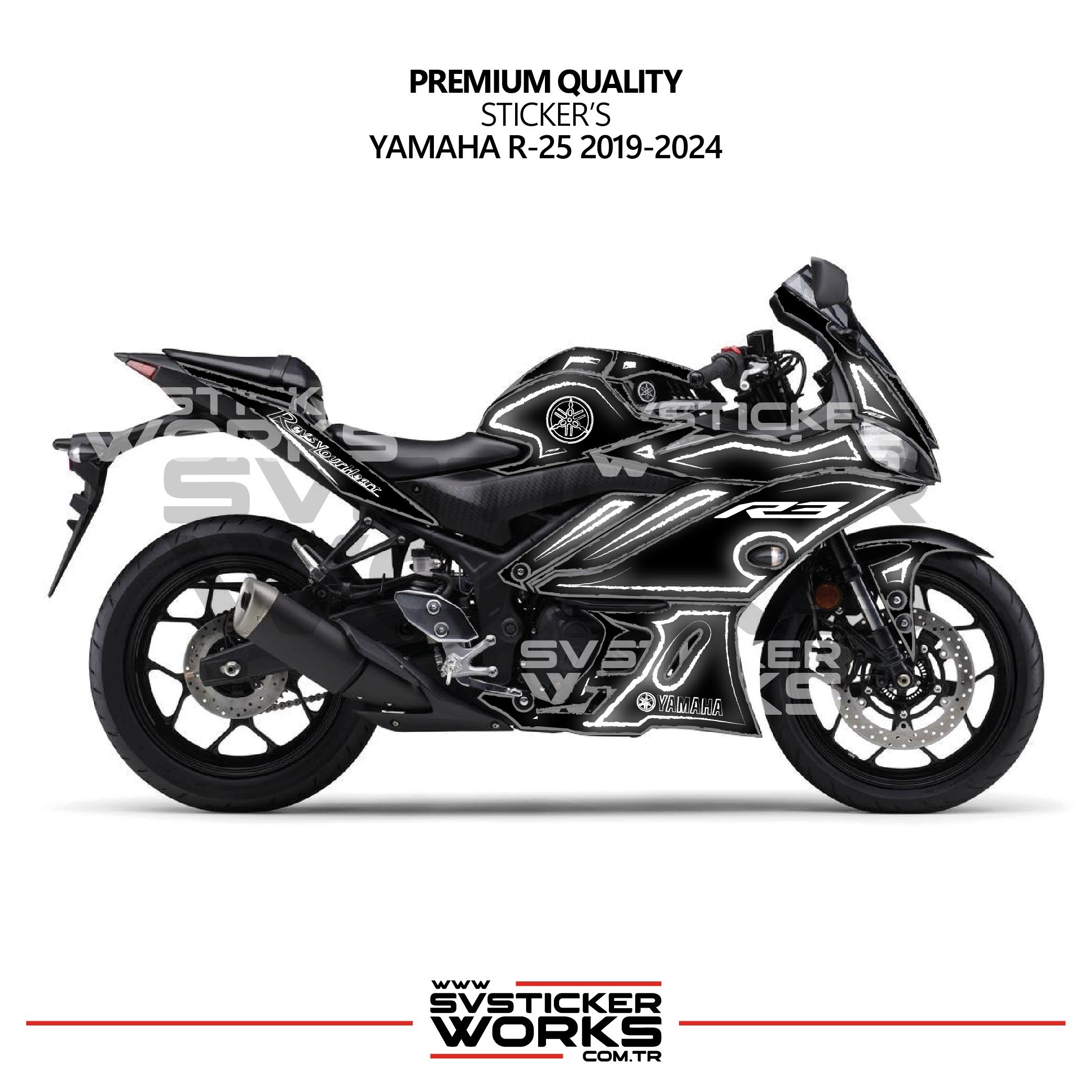 SVSTICKERWORKSYamaha YZF R25 R3 Kaplama Sticker Seti 2019-2024 Cell Shaded Kırmızı BeyazR25 2019-2024
