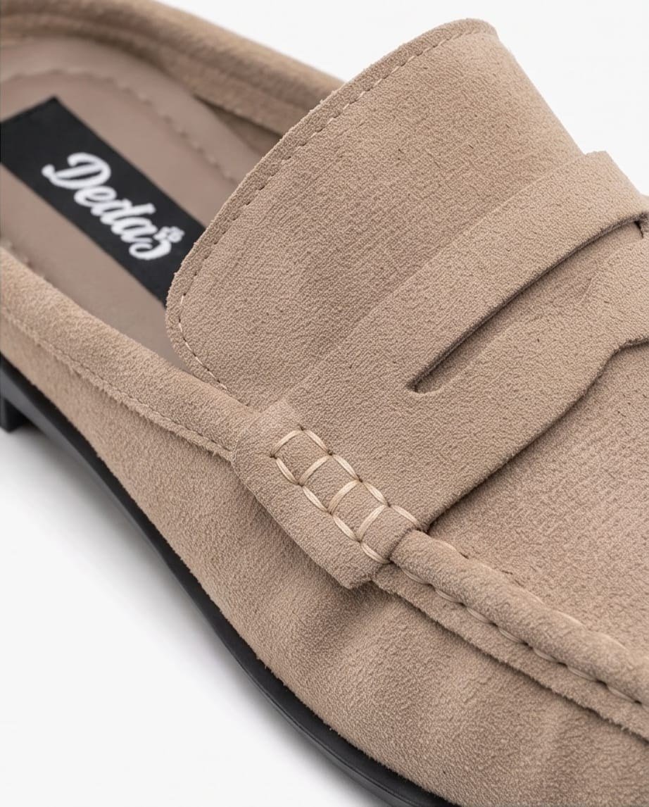 Kadın Bej Süet Arkası Açık Penny Loafer Maskülen Günlük Terlik Ayakkabı