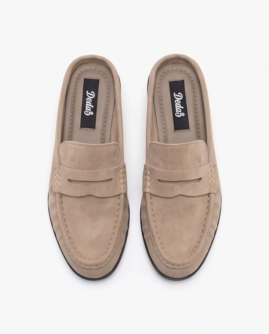 Kadın Bej Süet Arkası Açık Penny Loafer Maskülen Günlük Terlik Ayakkabı