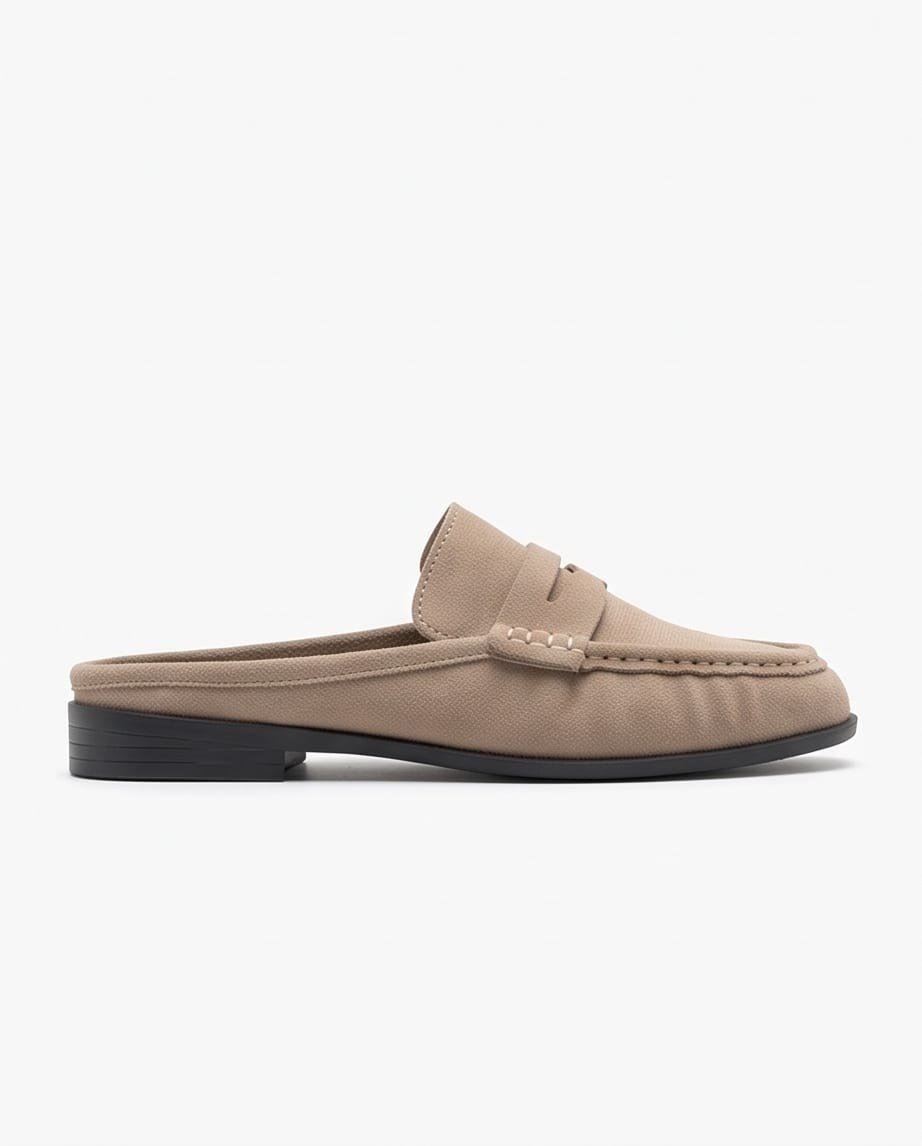 Kadın Bej Süet Arkası Açık Penny Loafer Maskülen Günlük Terlik Ayakkabı