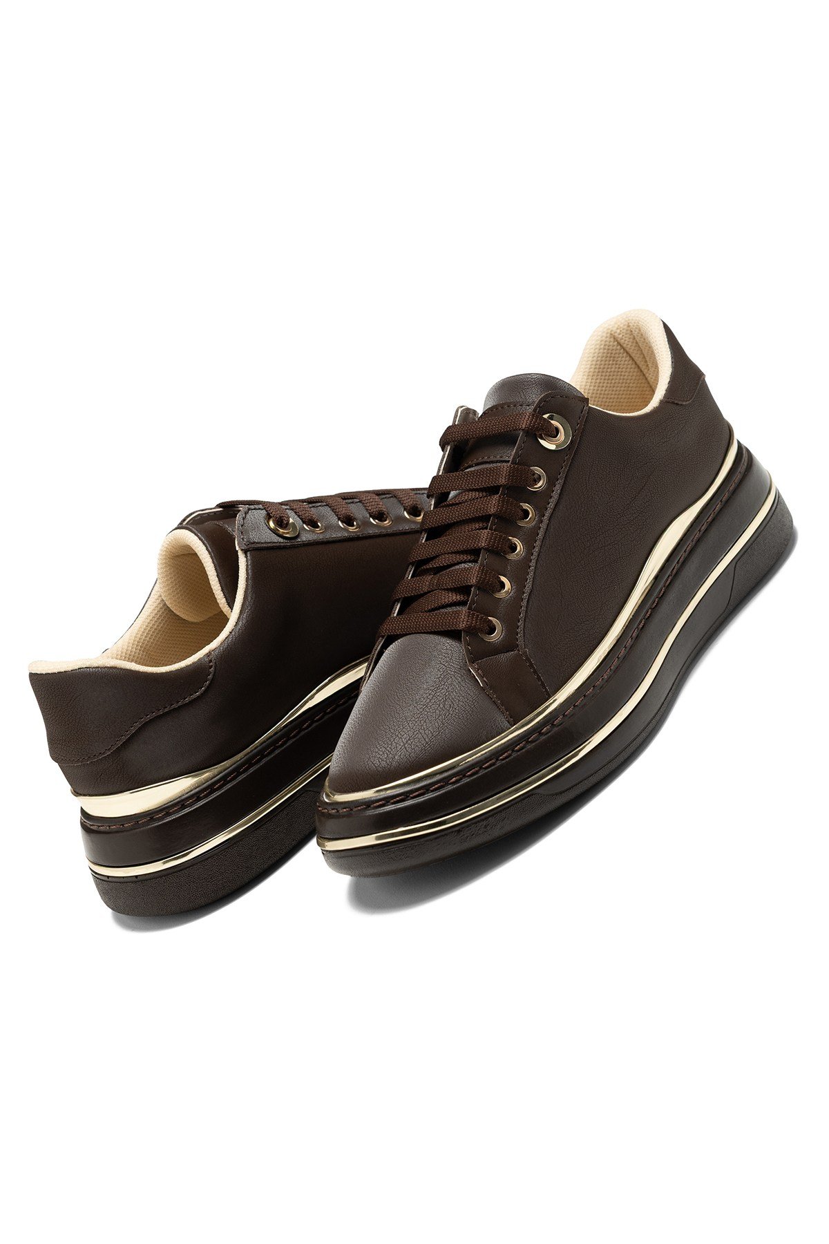 Kadın Kahve Kalın Taban Gold Şerit Detaylı Bağcıklı Günlük Spor Yürüyüş Ayakkabı Sneaker
