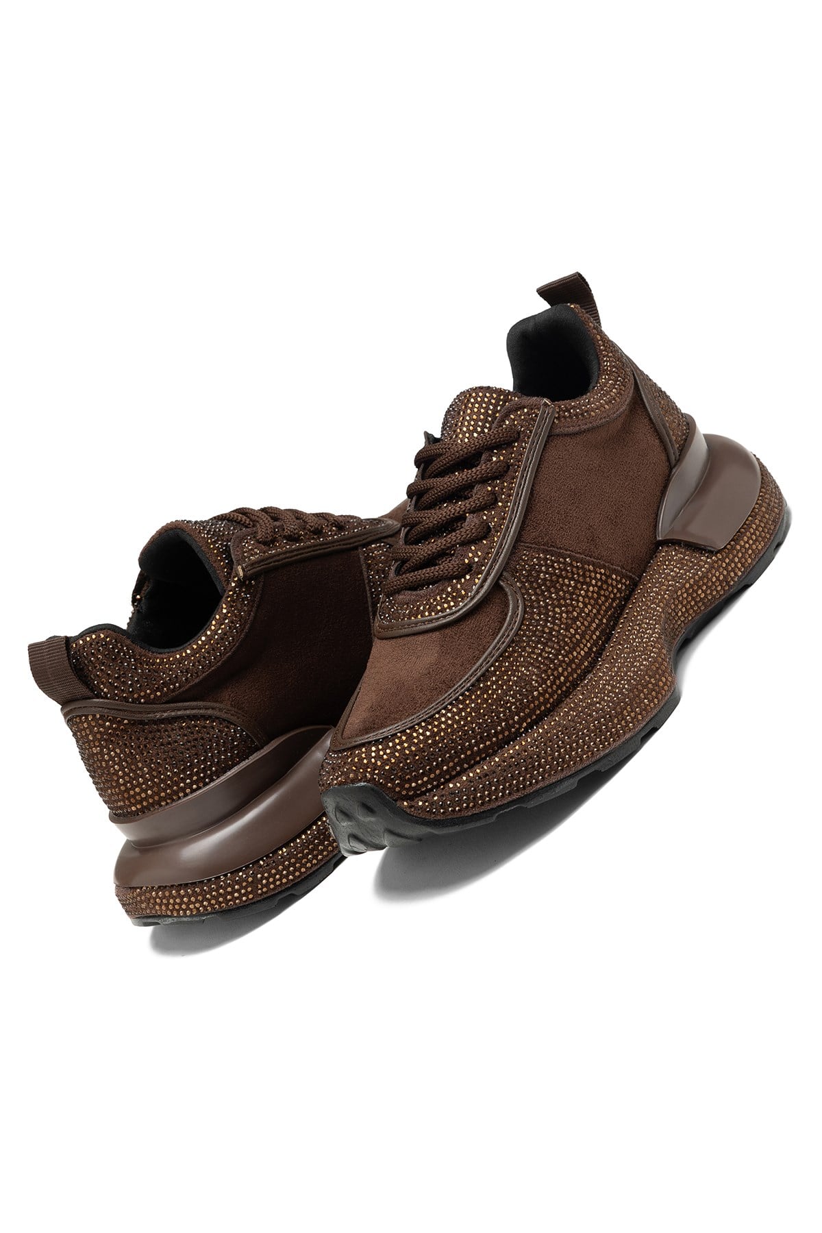 Kadın Kahverengi Taşlı Kalın Taban Sneaker Spor Ayakkabı 