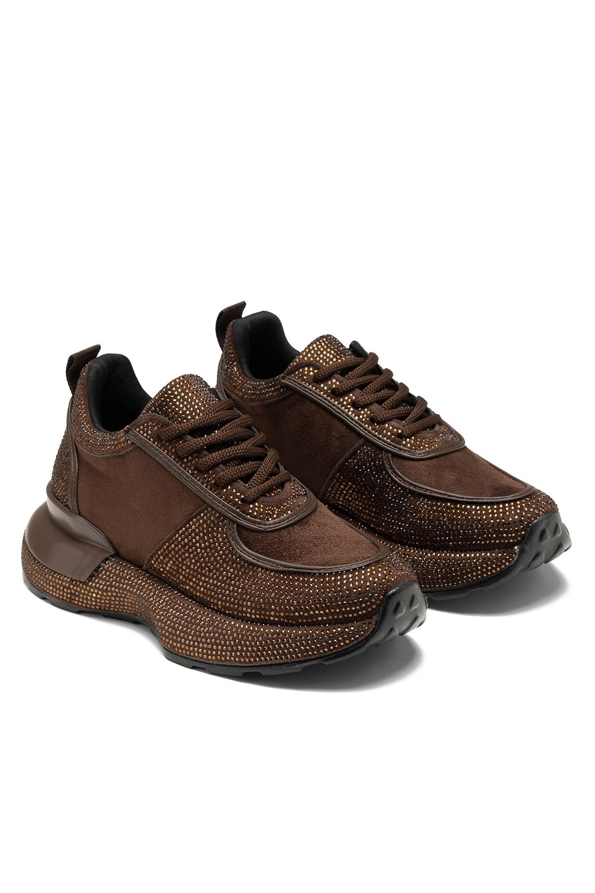 Kadın Kahverengi Taşlı Kalın Taban Sneaker Spor Ayakkabı 