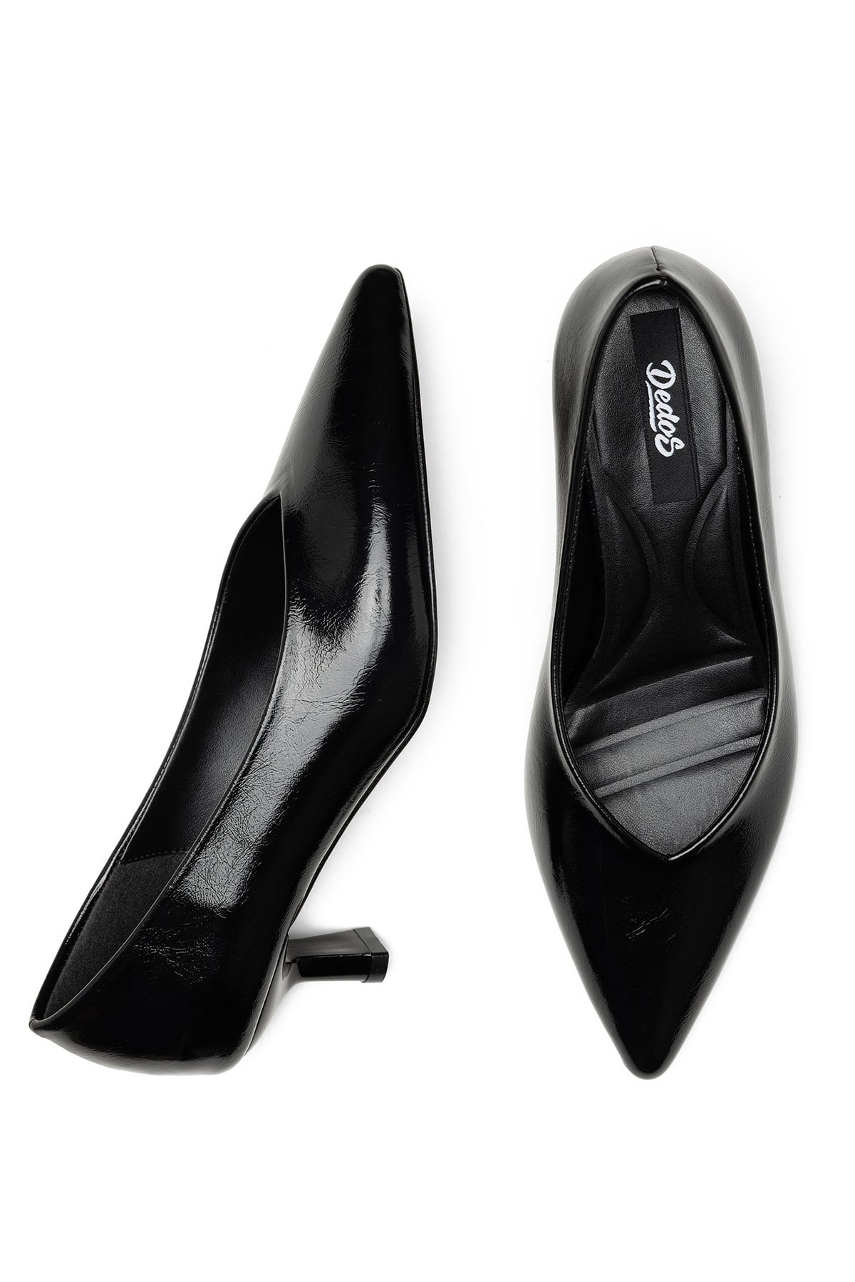 Kadın Parlak Siyah Kırışık Dokulu Sivri Burun Kısa Topuk Konforlu Günlük Stiletto