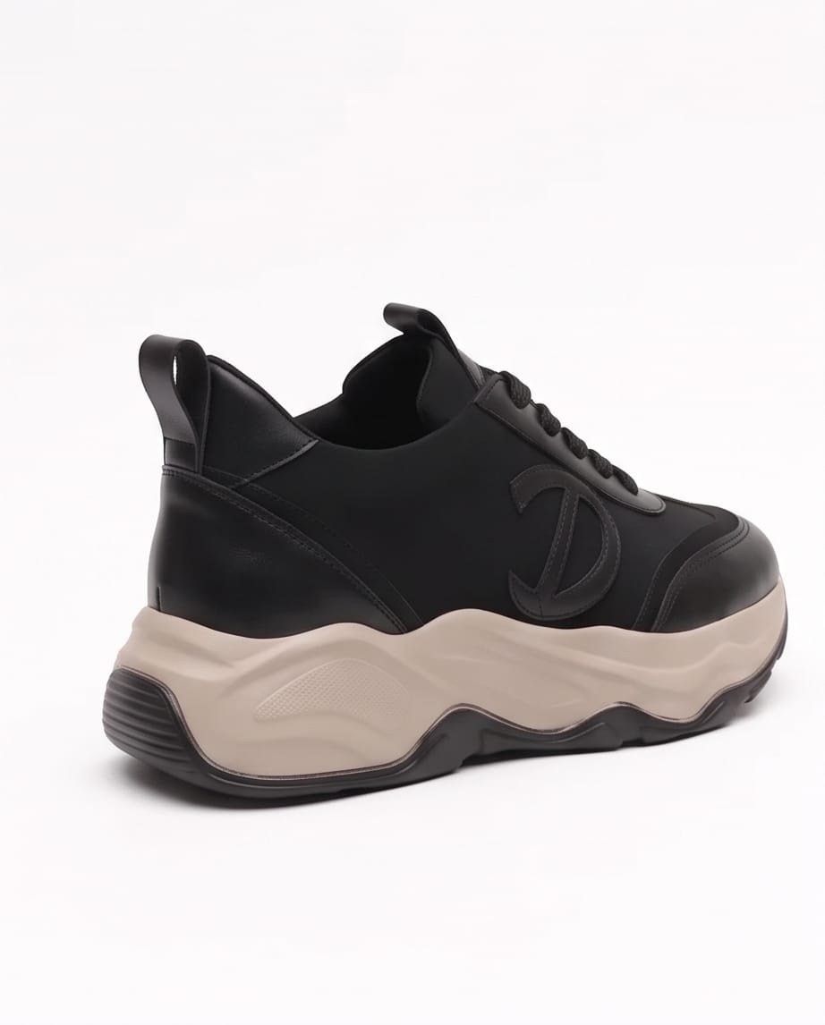 Kadın Siyah Kalın Taban Bağcıklı Rahat Günlük Spor Yürüyüş Ayakkabı Sneaker