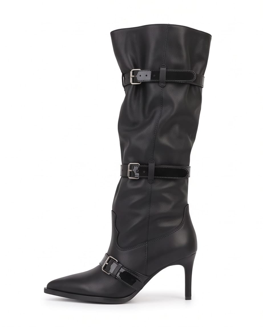 Kadın Siyah Sivri Burun İnce Topuklu Kemer Detaylı Büzgülü Çizme