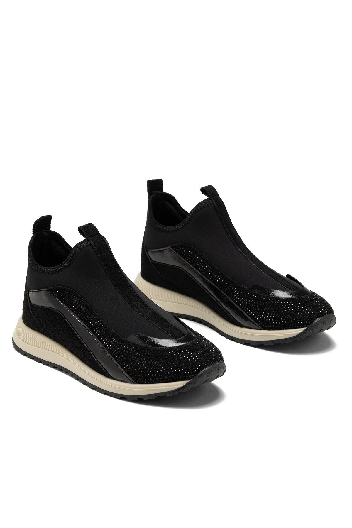 Kadın Siyah Taşlı Boğazlı Çorap Sneaker Bağcıksız Kalın Taban Günlük Spor Ayakkabı