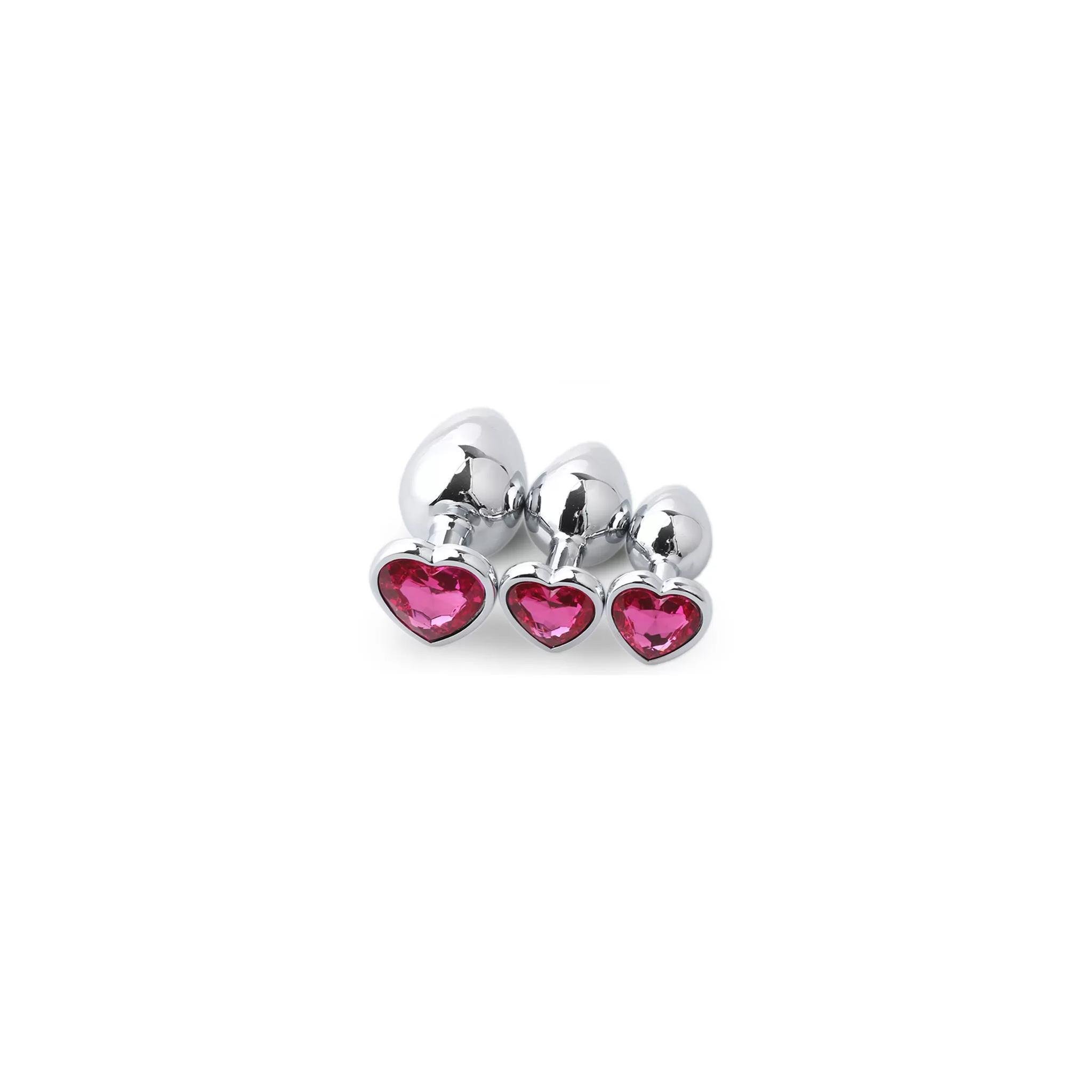 Paslanmaz Çelik Pembe Kalpli Mücevher Taşlı Pürüzsüz Silver Metal Anal Butt Plug - Küçük Boy