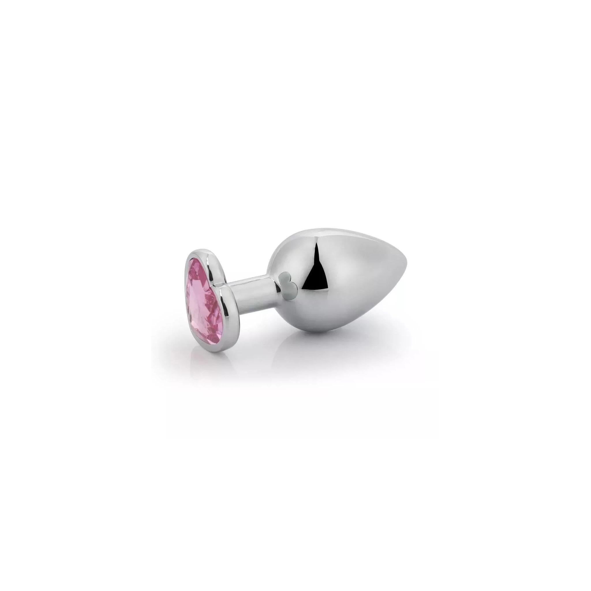 Paslanmaz Çelik Pembe Kalpli Mücevher Taşlı Pürüzsüz Silver Metal Anal Butt Plug - Küçük Boy