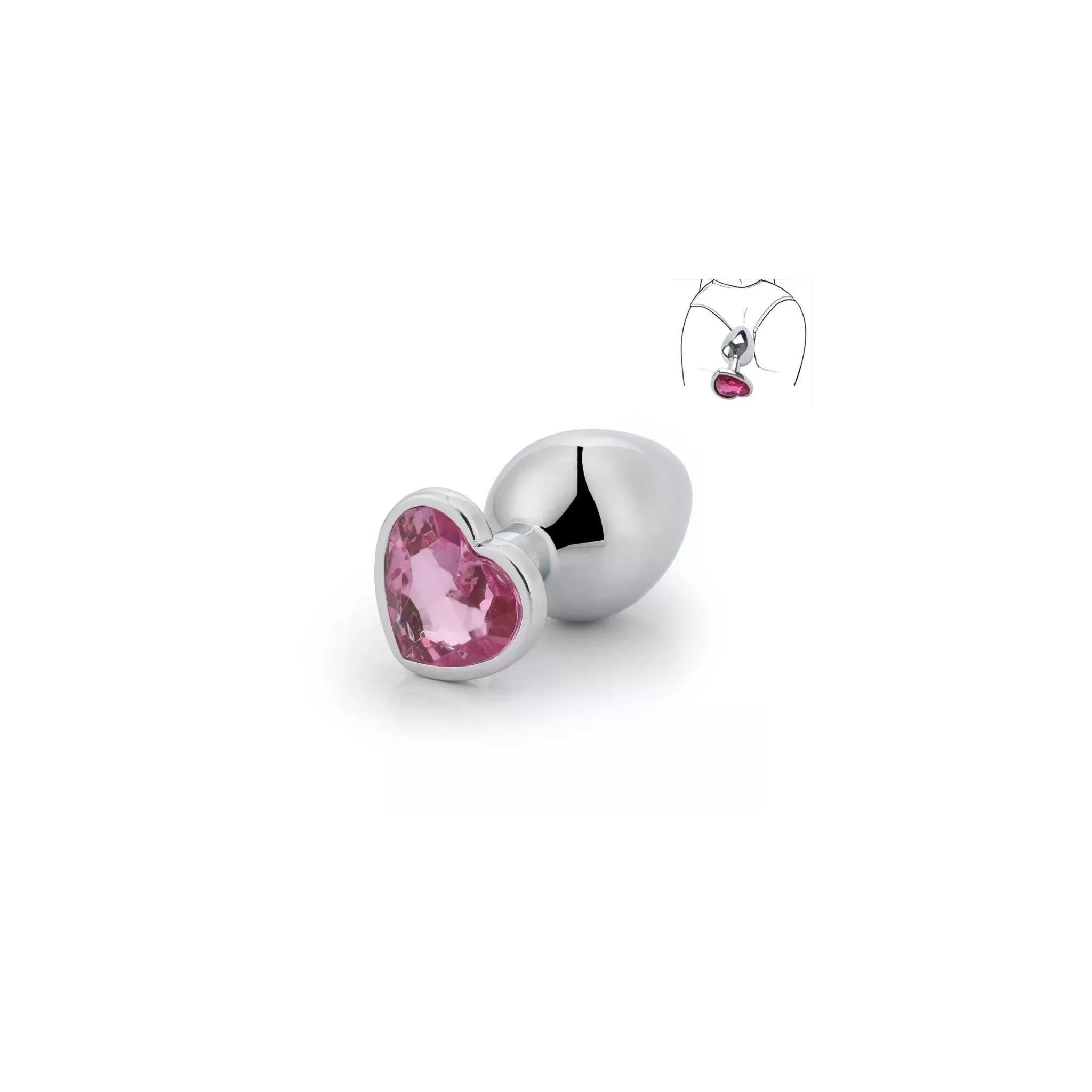 Paslanmaz Çelik Pembe Kalpli Mücevher Taşlı Pürüzsüz Silver Metal Anal Butt Plug - Küçük Boy
