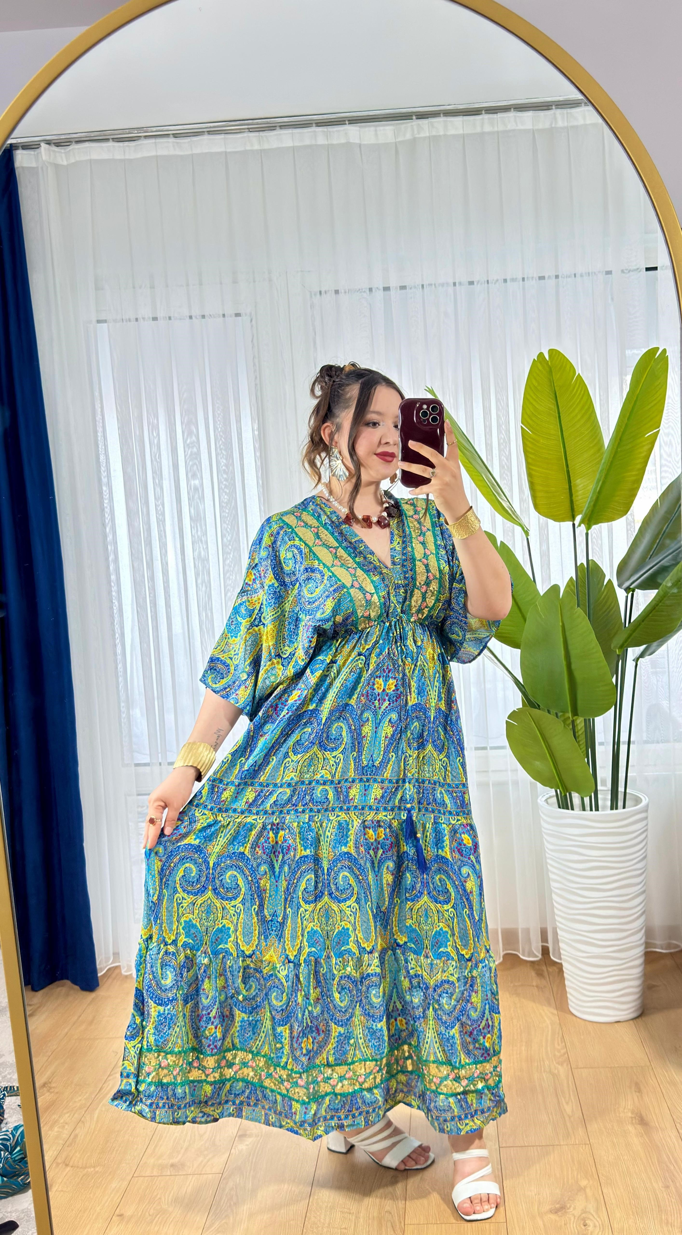 İpek Nakışlı Kaftan Elbise -30