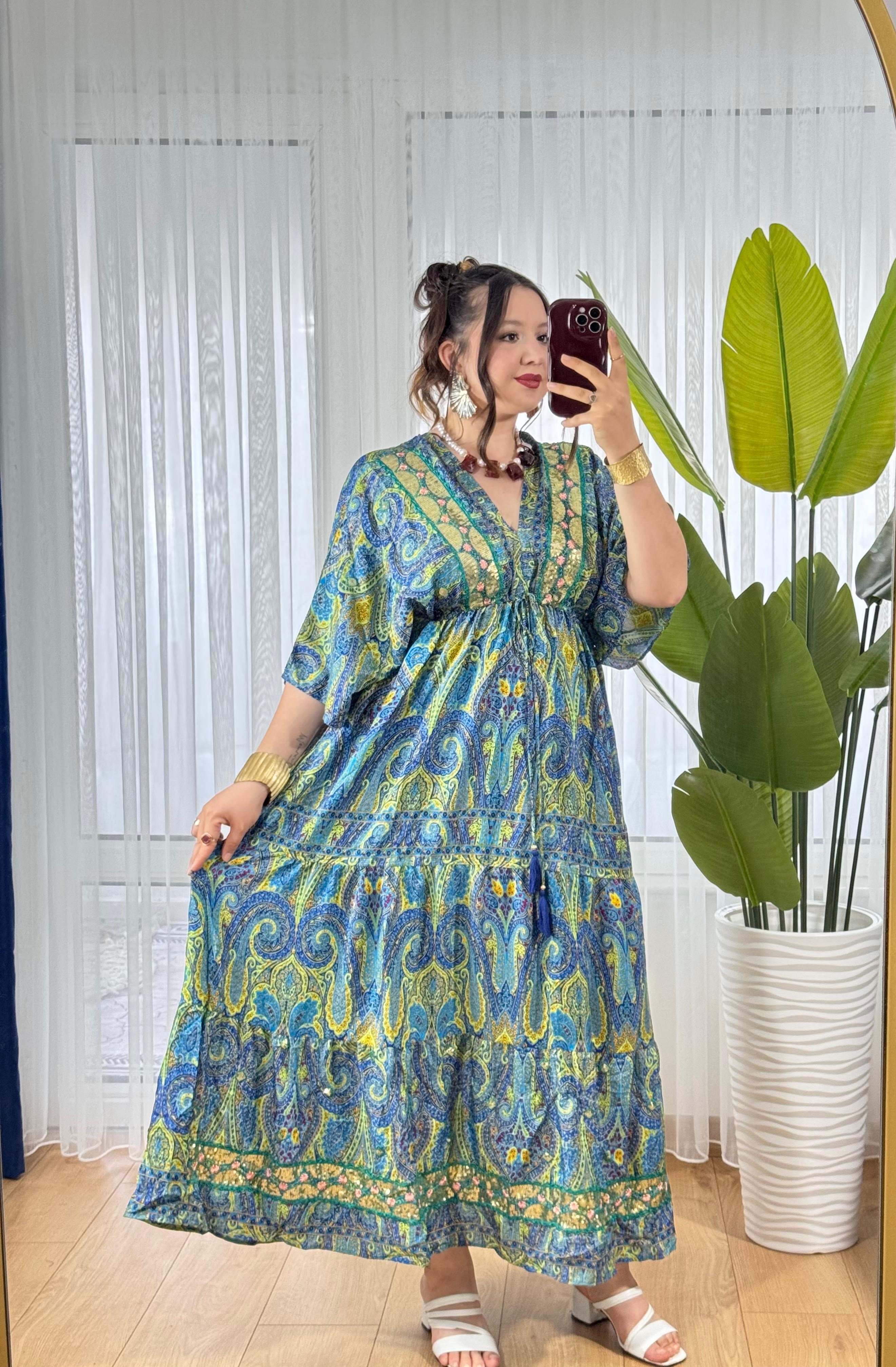 İpek Nakışlı Kaftan Elbise -30