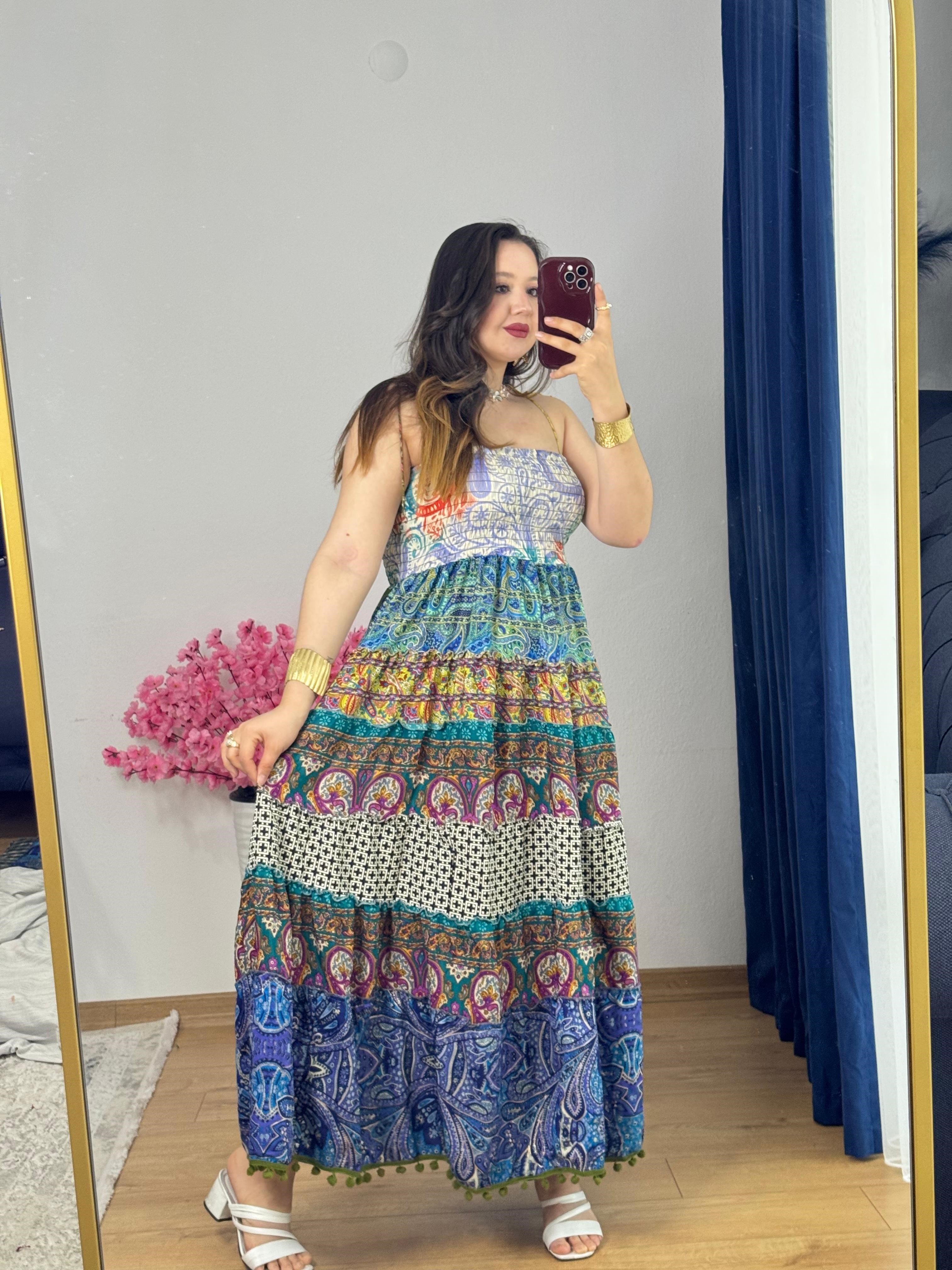 İpek Patchwork Straplez Elbise -50