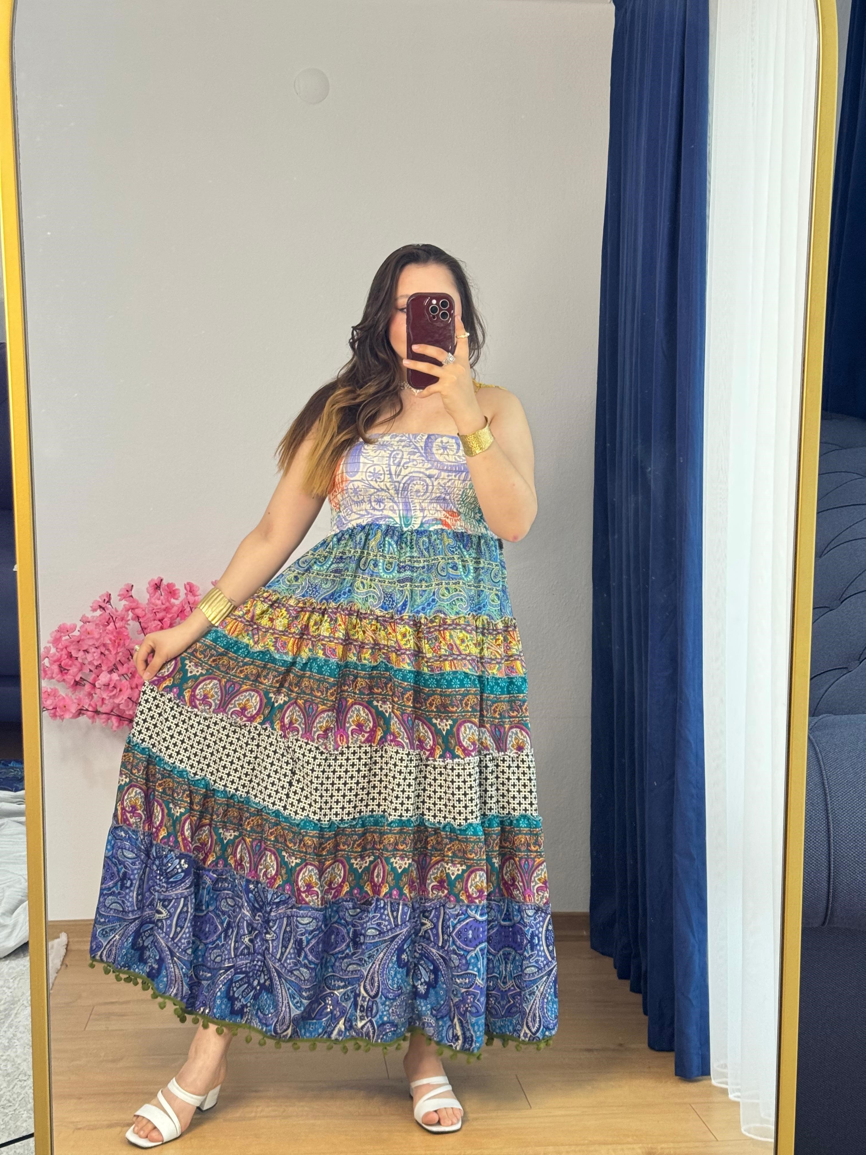 İpek Patchwork Straplez Elbise -50