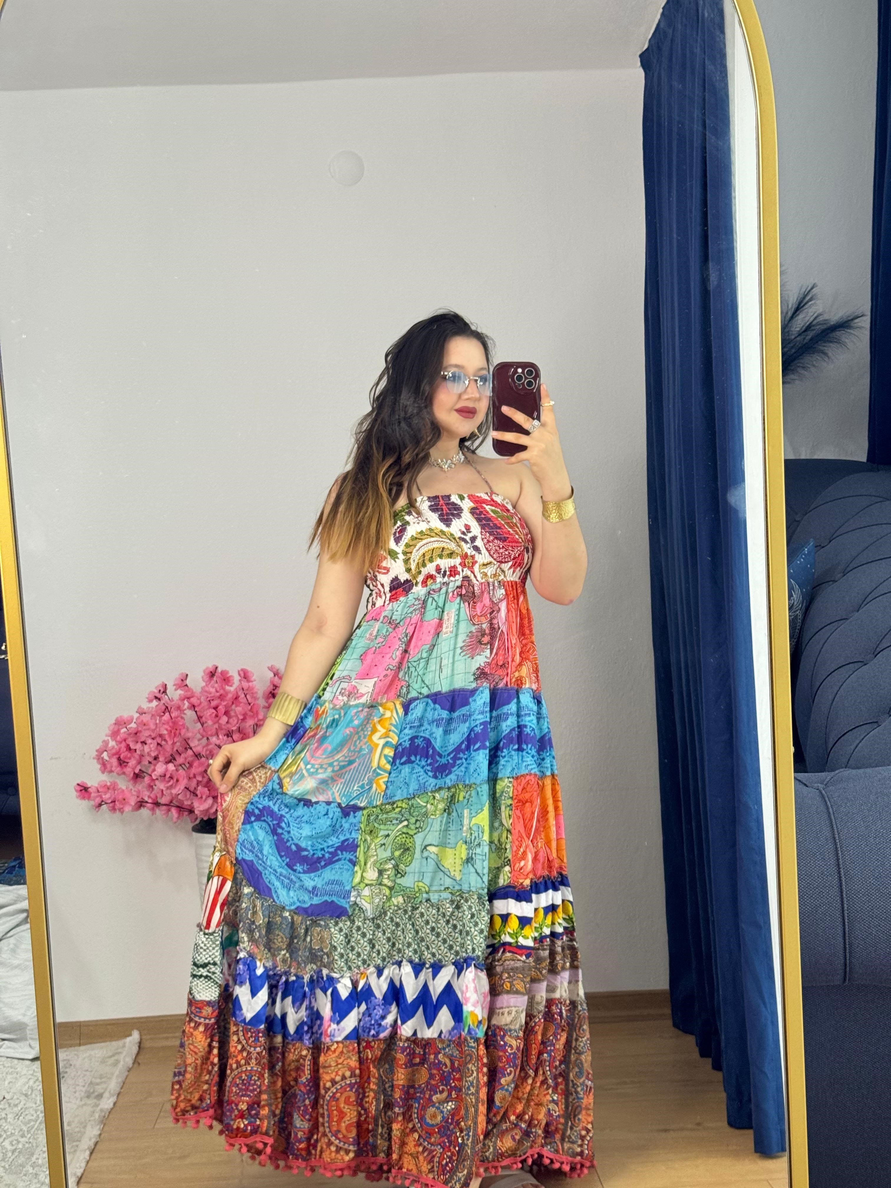 İpek Patchwork Straplez Elbise -51