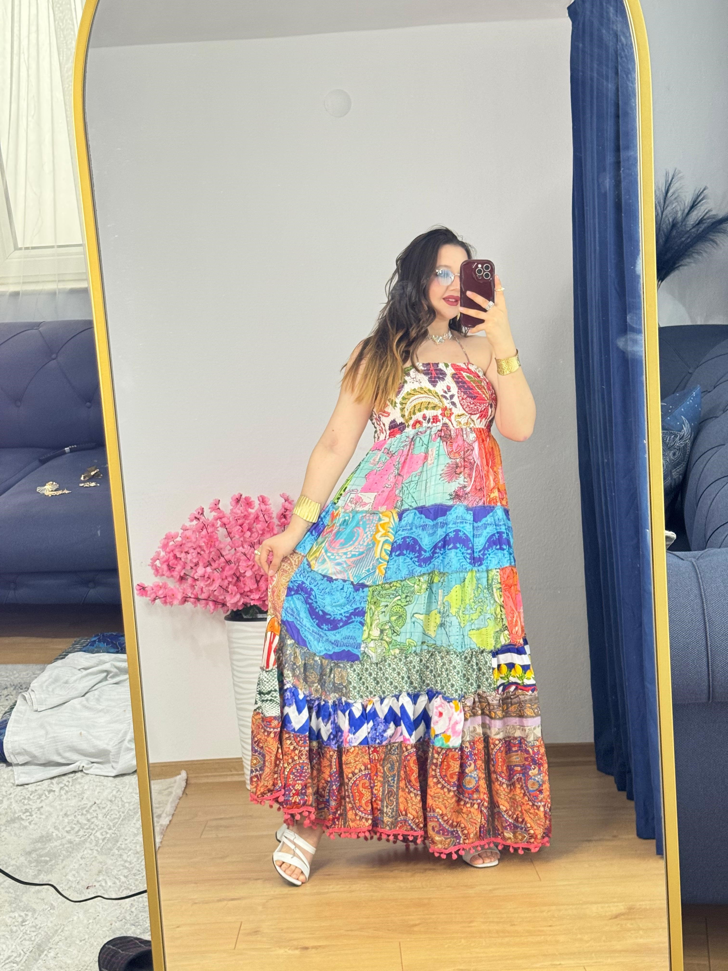 İpek Patchwork Straplez Elbise -51